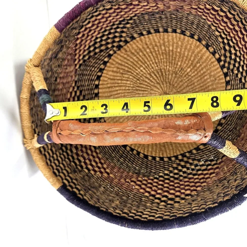 Large‎ Hand Woven Natural African Market Basket Leather Handle 16” Reshapeable